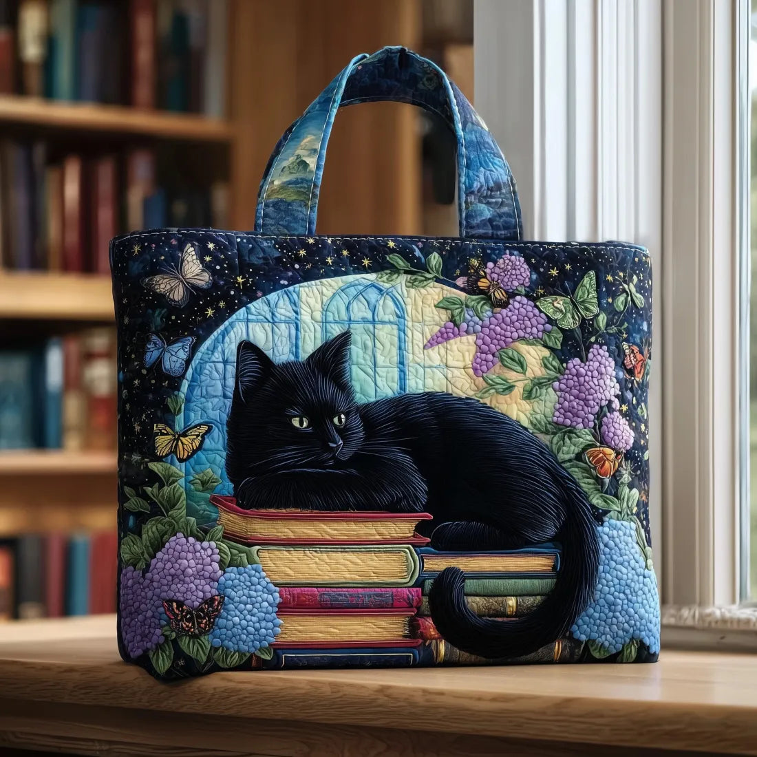 Pikowana Torba Shopper – Czarny Kot na Książkach