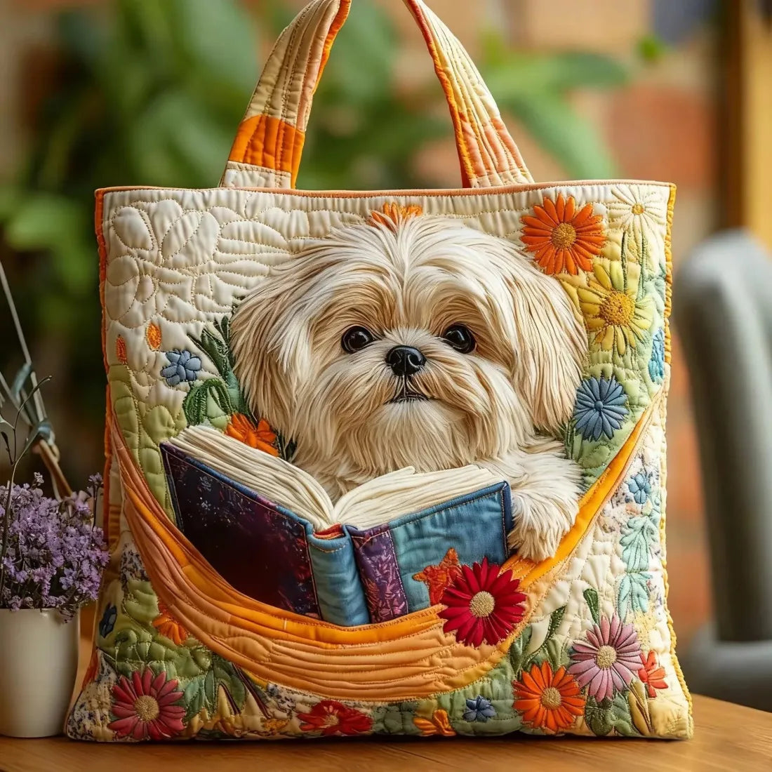 Pikowana Torba Shopper – Shih Tzu z Książką