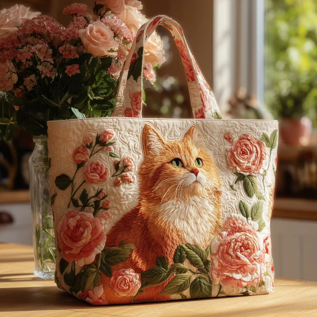 Pikowana Torba Shopper – Czerwony Kot i Róże