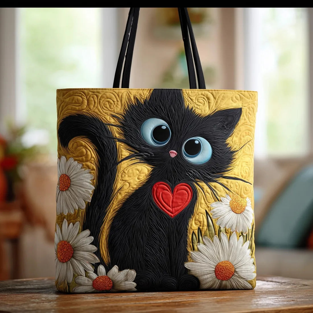 Pikowana Torba Shopper – Czarny Kot i Stokrotki