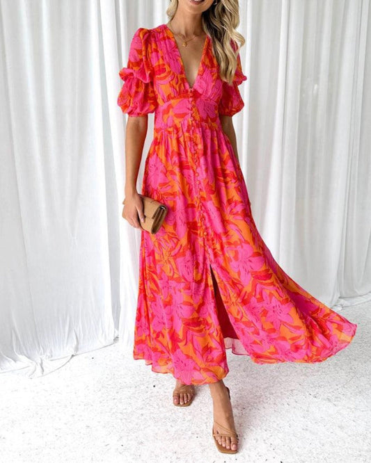 Weronika | Zwiewna Sukienka Maxi w Tropikalny Print