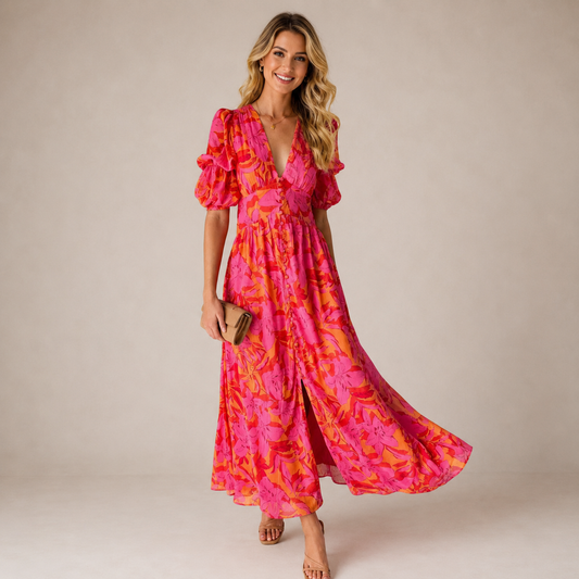 Weronika | Zwiewna Sukienka Maxi w Tropikalny Print